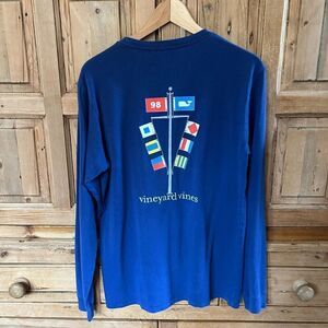 Vineyard Vines Shirt XS Navy Flags Men’s Long Sleeve Collar Prep Nautical - Flaw